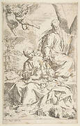 Rest on the flight into Egypt, Mary holding the infant Christ while St. Joseph hands him a fruit