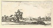 Plate 6: a skirmish between two horsemen to left, a dead man on the ground to the right, combat in the background, from 'Troops, cannons, and attacks on towns' (Dessins de quelques conduites de troupes, canons, et ataques de villes)