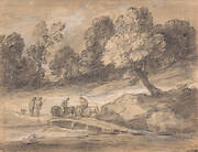 Wooded Landscape with Figures on Horseback Crossing a Bridge