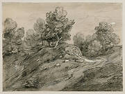 Wooded upland landscape with shepherd and sheep and country track winding around a knoll