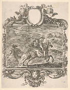 A horseman and a lady riding side saddle, galloping towards the right, another horseman follows, in an elaborate frame decorated with a mask of a young woman, cherubs, and fruit