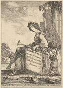 Frontispiece for 'Poems by Desmarets' (Oeuvres poétiques de Desmarets): a winged woman representing poetry sitting in center, turned towards the left, holding a bugle in her left hand, a putto at right tuning a lute, a mask, books, and swords on ground below