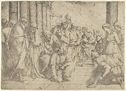 Christ kneels and writes on the pavement at center and a woman taken in adultery by three soldiers at right