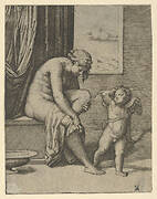 Venus drying her foot with a piece of drapery, Cupid in front of her, holding a bow in his left hand