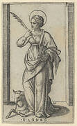 Saint Agnes standing a holding a palm in her right hand, a sheep lower left, from the series 'Piccoli Santi' (Small Saints)