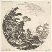 Plate 3: a gale in the forest, two horsemen wrapped in their cloaks, the wind is blowing from the left side, a round composition, from 'Roman landscapes and ruins' (Paysages et ruines de Rome)