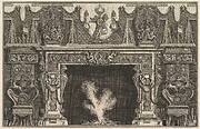 Bird in shell at the center of the lintel, with a frieze of trophies, surmounted by an overmantel with candelabra and flanked by chairs. (Ch. décorée d'une frise de casques et d'armures . . .)