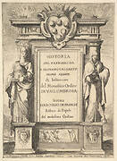 Frontispiece: a monument decorated with the Medici coat of arms at top in center, flames at top to either side, a hooded figure on right side of monument with a weasel below, a figure to left side wearing a papal crown, a scene of a monk chasing away demons with a cross on base of monument, from 'Frontispiece and four scenes from the life of Saint John Gualbert' (Frontispice et quatre vignettes pour une vie de Saint Jean Gualbert)