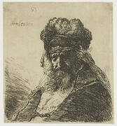 Bearded old man in a high fur cap, with eyes closed