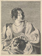 Delilah preparing to cut Samson's hair with scissors in her right hand, below her chest are the head and shoulders of the sleeping Samson