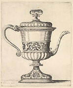 Jug with lid, engraved with arabesque pattern, the narrow spout to right ending in snake's head, handle to left.