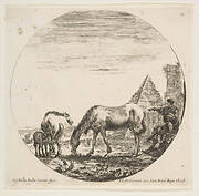 Plate 11: the pyramid of Caius Cestius to right in the background, a horse grazing in center, a foal suckling a mare to left, a seated shepherd and another standing and pointing towards the left at right, a round composition, from 'Roman landscapes and ruins' (Paysages et ruines de Rome)