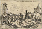 View of ruins on the Palatine Hill with trabeated facade at left and arcades at center, from the series 'The Ruins of Rome' (Praecipua aliquot Romanae antiquitatis ruinarum monimenta, vivis prospectibus)