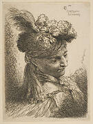 Young man facing three quaters right wearing a fur headdress with a plume, jewel and a headband,  from series of  'Small Heads in Oriental Headdress'