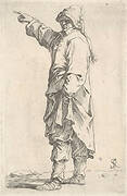 A man wearing a long outer garment and cap pointing to the left, from the series 'Figurine'