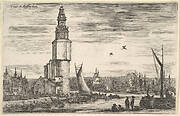 View of Amsterdam (Vue d'Amsterdam), a tower and houses to left, men standing on the pier to right, many ships in the port in the background, from 'Views of seaports' (Vues de ports de mar)