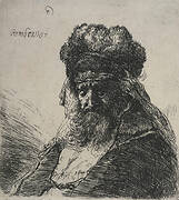 Bearded old man in a high fur cap, with eyes closed.