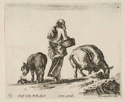 Plate 13: a peasant woman, seen from the back, holding a basket in center, a donkey to left and a horse with a pack on its back to right, from 'Diversi capricci'