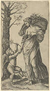 An allegory of Peace; Peace personified as a woman standing in a landscape  holding the left hand of a winged genius, tree at left