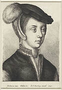 Portret van jonge vrouw met gepluimde bonnet