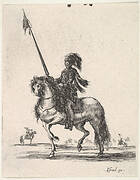 Mounted cuirassier holding a lance upright and riding towards left, other horsemen in the background, from 'Various cavalry exercises' (Diverses exercices de cavalerie)