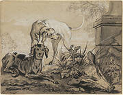 After the Hunt: Two Hounds beside a Boar's Head