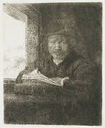 Self-portrait etching at a window