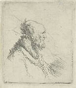 Bald old man with a short beard, in profile right