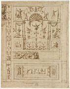 Project of wall decoration, with grotesques, and profile of a door surmounted by a trophy