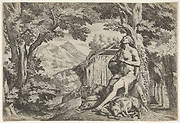 The prodigal son seated at the base of a tree among swine, his gaze directed upward and his hands folded at his chest, surrounded by a wooded landscape and a pigsty