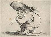 Small male figure playing a wind instrument, in profile view, from the series 'Varie figure gobbi'