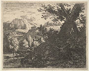 Tree with roots laid bare alongside a stream, a hilly landscape and a man walking behind quadrupeds beyond