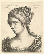 Bust of a woman looking downwards towards left with elaborately decorated hair