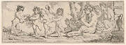 Bacchanal with satyr playing a lute and surrounded by four figures, who look toward a succession of three putti and a satyr dancing with cups and vines