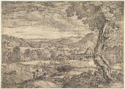 Landscape with a brick factory in the middle ground, a standing man in the foreground points to the left as he faces a man lying on a rock