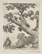 Plate 18: a large tree at right, a man on horseback at left, seen from behind riding towards the left, from 'Various figures and doodles' (Diverses figures et griffonnemens)