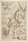 Rest on the flight into Egypt, Mary holding the infant Christ while St. Joseph hands him a fruit