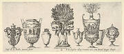 Eight vases, a clepsydra in center decorated with two skulls with laurel wreaths, plate 6 from 'Collection of Various Vases' (Raccolta di Vasi Diversi)