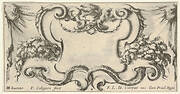 Plate 4: a cartouche with the head of a cherub at top center, leaves and flowers to either side, from 'Twelve cartouches' (Recueil de douze cartouches)