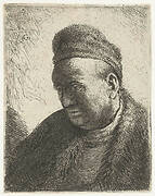 Beardless man in a fur cloak and cap: bust