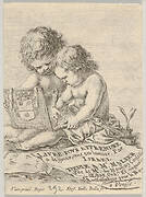 Plate 1: two children sitting on the ground, the child on the right drawing while the child on the left holding the album, the title page from 'The Book for Learning to Draw' (Livre pour apprendre à dessiner)