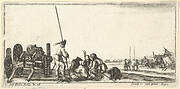 Plate 9: a chariot carrying a cannon to left, soldiers in center playing cards, from 'Troops, cannons, and attacks on towns' (Dessins de quelques conduites de troupes, canons, et ataques de villes)