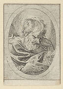 An apostle resting his head on his left hand and reading a book, in an oval frame, from Christ, the Virgin, and Thirteen Apostles