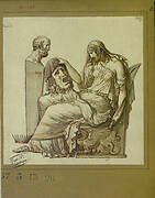 Melpomene, Muse of Tragedy, a Mask on His Lap, in front of Aeschylus' bust