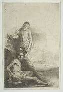 Nude Man Seated and Another Standing, with a Woman and a Baby Lightly Etched in Background