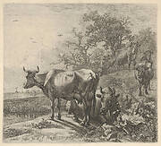 Cowherd driving three horned cattle before him; below, in the foreground, a recumbent steer and a standing steer, marsh and trees beyond