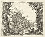 Landscape flanked by trees in the left and right foreground, silhouettes of two goats, a river with cliffs beyond, from 'The Small Landscapes'