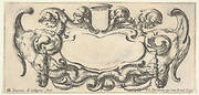 Plate 5: a cartouche with a blank escutcheon at top center, a chimera to either side, their bodies ending in scrollwork and dragon tails, from 'Twelve cartouches' (Recueil de douze cartouches)