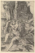 Pan spying of  the nymph Syrinx who is seated on a rock, combing her hair