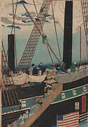 Print of ship transporting goods in the port of Yokohama